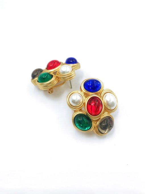 antique gold+blue&red&black&green resin Zinc Alloy Resin Multi Color Flower Trend Clip Earring