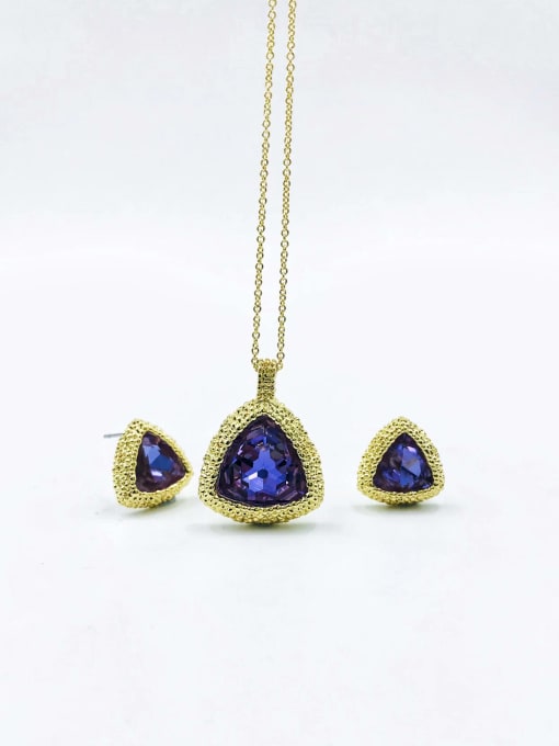Purple Zinc Alloy Minimalist Triangle Glass Stone White Earring and Necklace Set