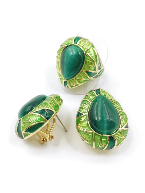 VIENNOIS Trend Water Drop Zinc Alloy Cats Eye Green Enamel Ring And Earring Set 0