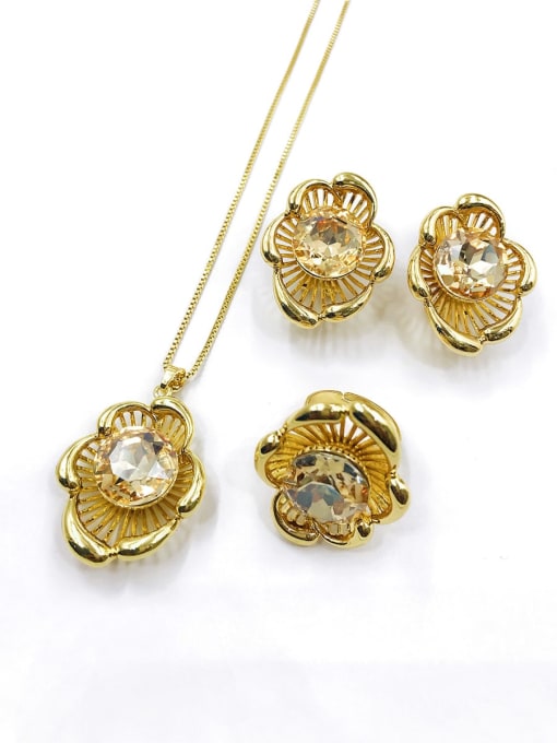 VIENNOIS Trend Flower Zinc Alloy Glass Stone Gold Earring Ring and Necklace Set 0