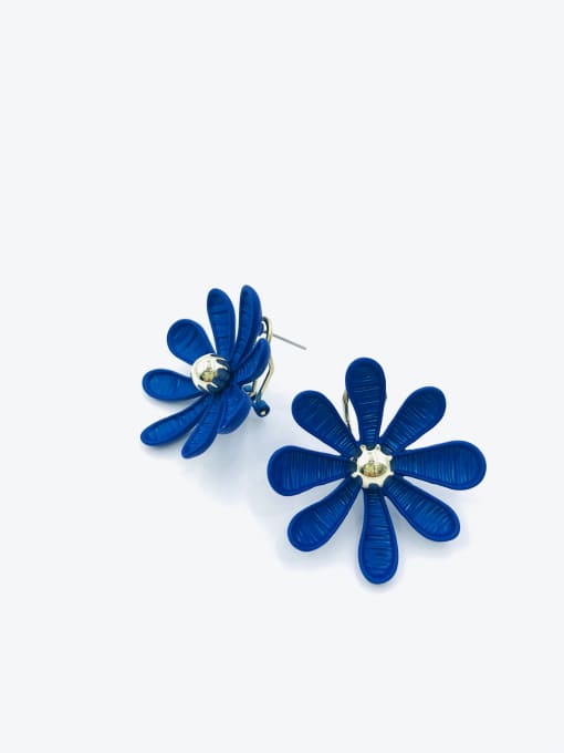 Blue Zinc Alloy Flower Statement Clip Earring