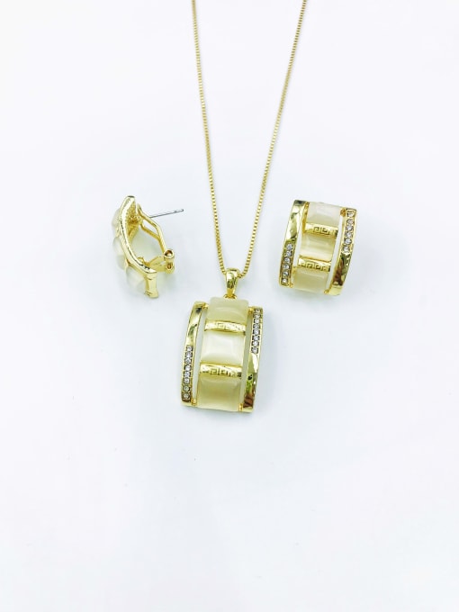 Gold Classic Rectangle Zinc Alloy Cats Eye White Earring and Necklace Set