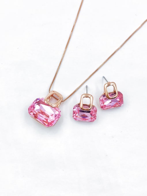VIENNOIS Zinc Alloy Trend Glass Stone Pink Earring and Necklace Set 0