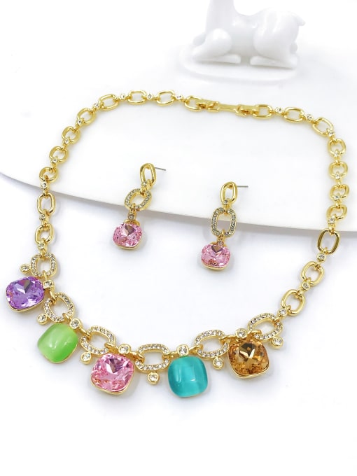VIENNOIS Trend Square Zinc Alloy Glass Stone Multi Color Earring and Necklace Set