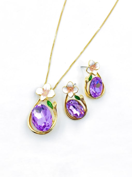Purple Zinc Alloy Trend Flower Glass Stone Purple Enamel Earring and Necklace Set