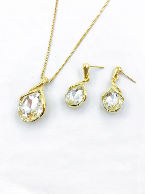 gold+white glass Zinc Alloy Trend Water Drop Glass Stone Gold Earring and Necklace Set