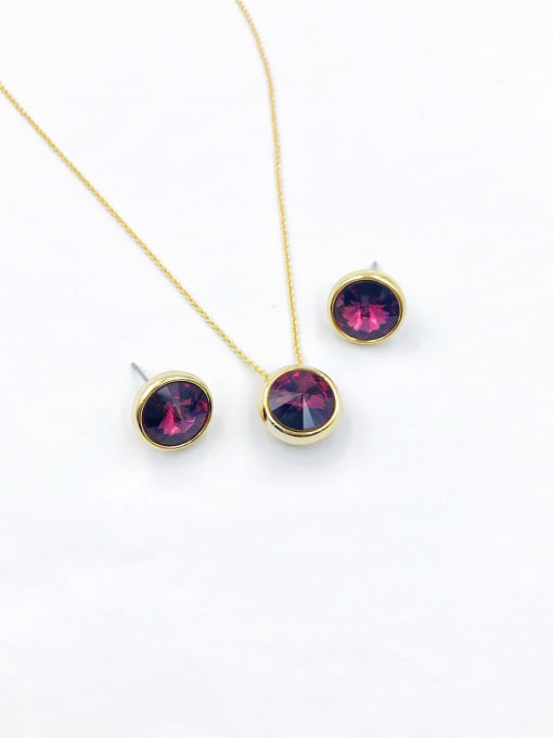 gold+purple glass Zinc Alloy Minimalist Round Glass Stone Purple Earring and Necklace Set