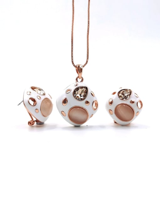 rose gold+champagne glass stone Trend Geometric Zinc Alloy Cats Eye White Enamel Earring and Necklace Set