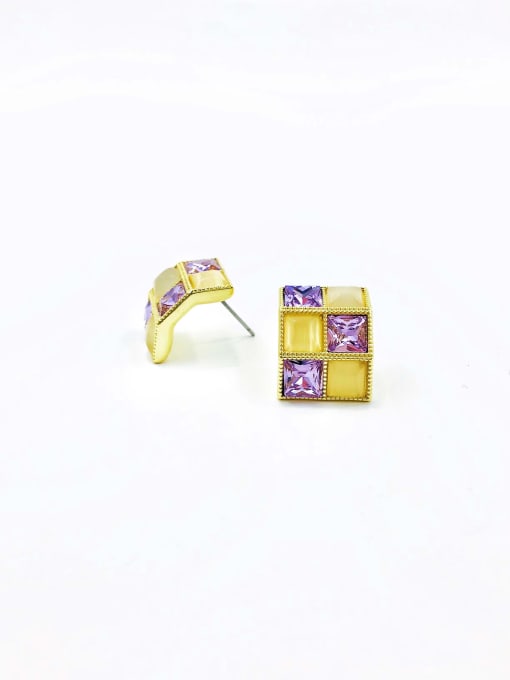 gold+purple glass stone Brass Glass Stone Green Square Trend Stud Earring