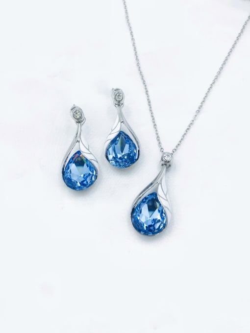 Imitation rhodium+blue Trend Water Drop Zinc Alloy Glass Stone Blue Enamel Earring and Necklace Set