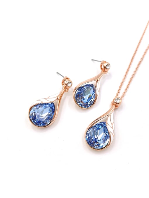 rose gold+blue stone Trend Water Drop Zinc Alloy Glass Stone Blue Enamel Earring and Necklace Set