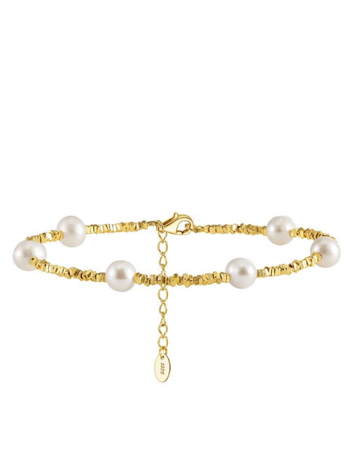 Gold 925 Sterling Silver Freshwater Pearl White Tila Bead Round Minimalist Handmade Beaded Bracelet