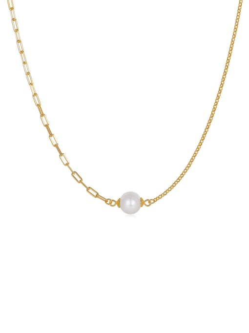 Gold 925 Sterling Silver Freshwater Pearl White Tila Bead Round Minimalist Cuban Necklace