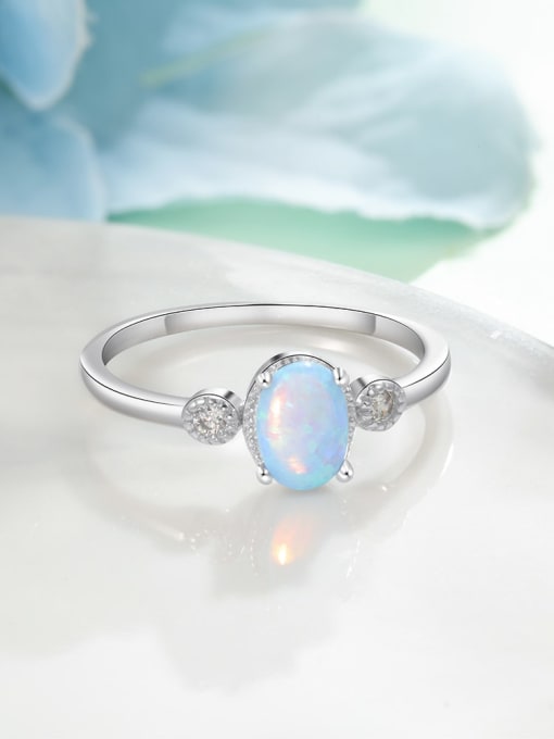 OPAL 925 Sterling Silver Synthetic Opal Blue Minimalist Band Ring 1
