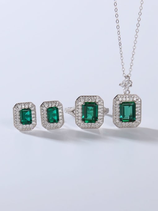 White Minimalist 925 Sterling Silver Cubic Zirconia Green Earring Ring and Necklace Set