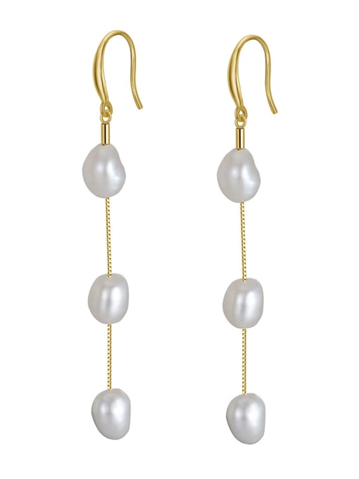 Gold 925 Sterling Silver Freshwater Pearl White Tila Bead Oval Minimalist Drop Earring