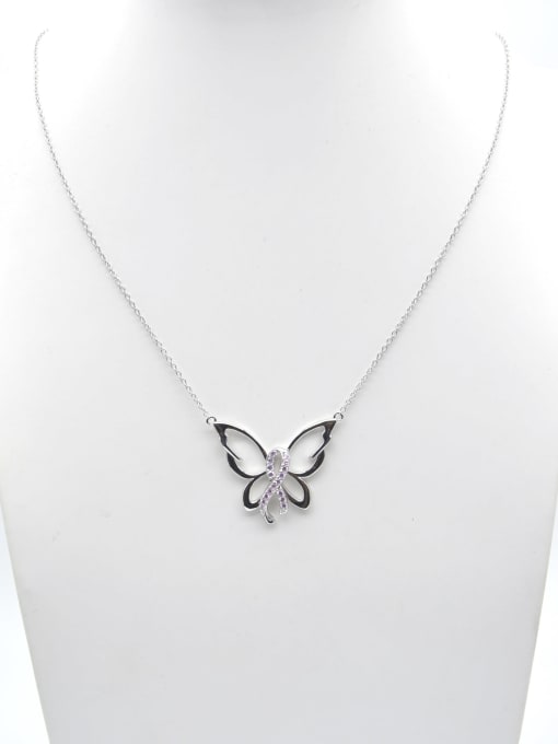 White 925 Sterling Silver Cubic Zirconia Pink Butterfly Minimalist Lariat Necklace