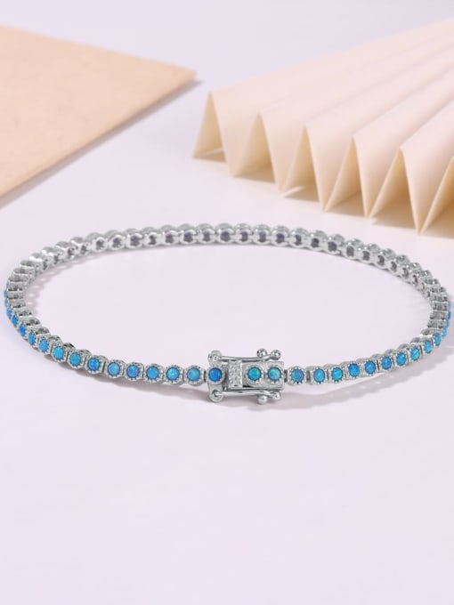 White2.0mm18cm 925 Sterling Silver Synthetic Opal Blue Minimalist Link Bracelet