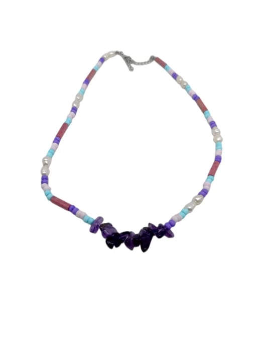White Stainless steel Light Amethyst Multi Color Stone Minimalist Beaded Necklace