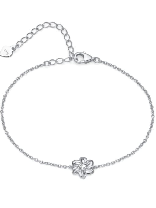 White 925 Sterling Silver Cubic Zirconia White Flower Minimalist Adjustable Bracelet