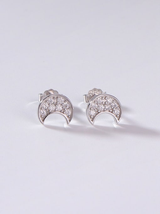 White 925 Sterling Silver Cubic Zirconia White Moon Minimalist Stud Earring
