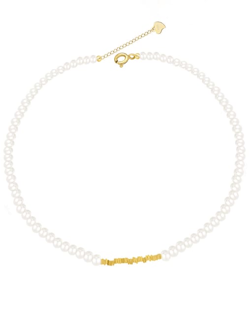 Gold 925 Sterling Silver Freshwater Pearl White Tila Bead Round Minimalist Cuban Necklace