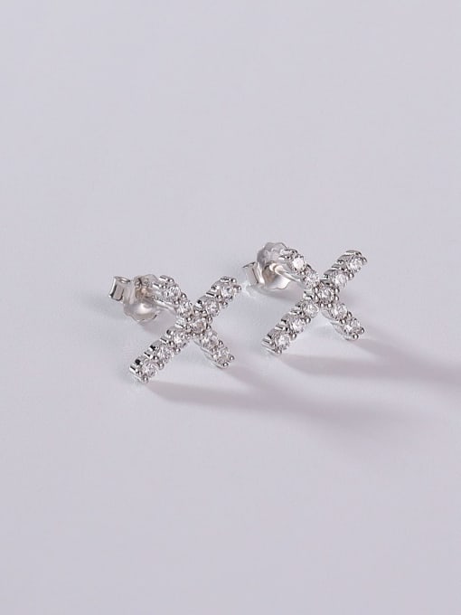 White 925 Sterling Silver Cubic Zirconia White Cross Minimalist Stud Earring