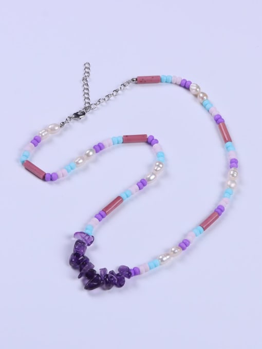 BYG Beads Stainless steel Light Amethyst Multi Color Stone Minimalist Beaded Necklace 0