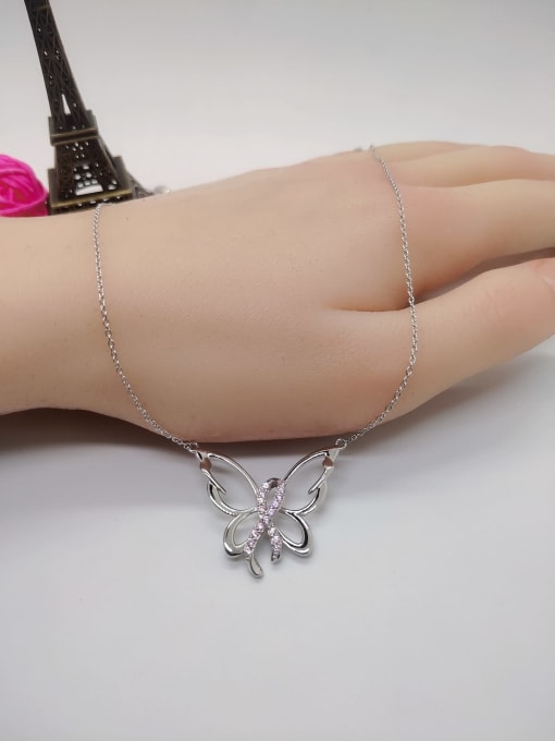 YUEFAN 925 Sterling Silver Cubic Zirconia Pink Butterfly Minimalist Lariat Necklace 2