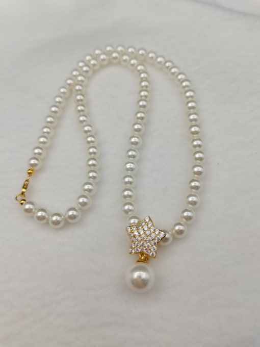Yellow 925 Sterling Silver Imitation Pearl White Star Dainty Beaded Necklace