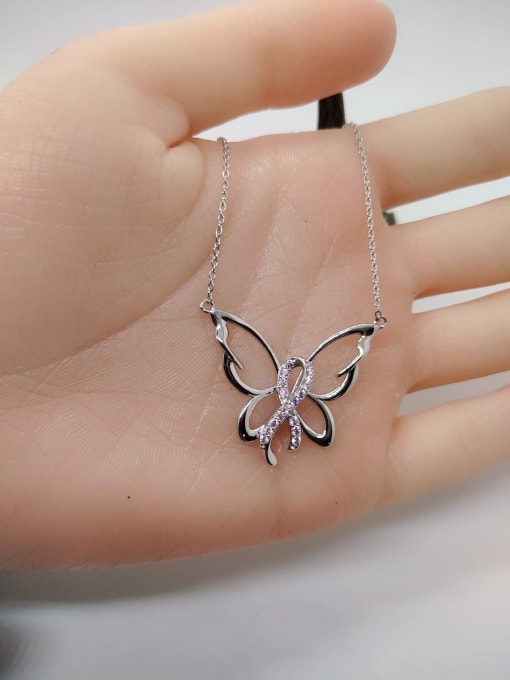 YUEFAN 925 Sterling Silver Cubic Zirconia Pink Butterfly Minimalist Lariat Necklace 3