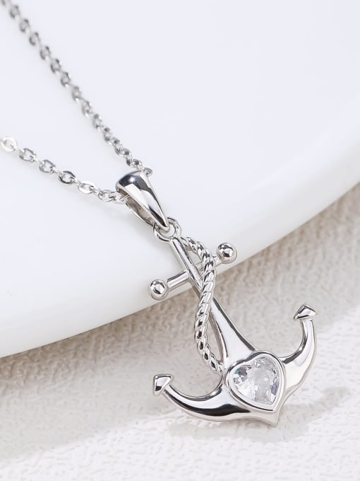 White 925 Sterling Silver Cubic Zirconia White Anchor Minimalist Initials Necklace