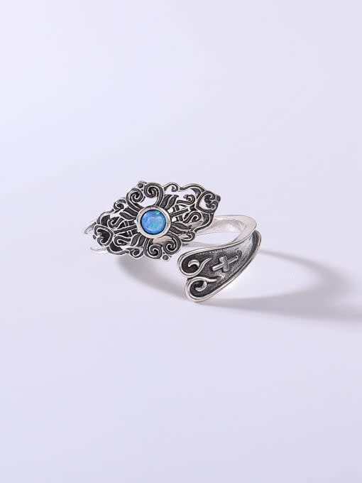 OPAL 925 Sterling Silver Synthetic Opal Blue Minimalist Signet Ring 1