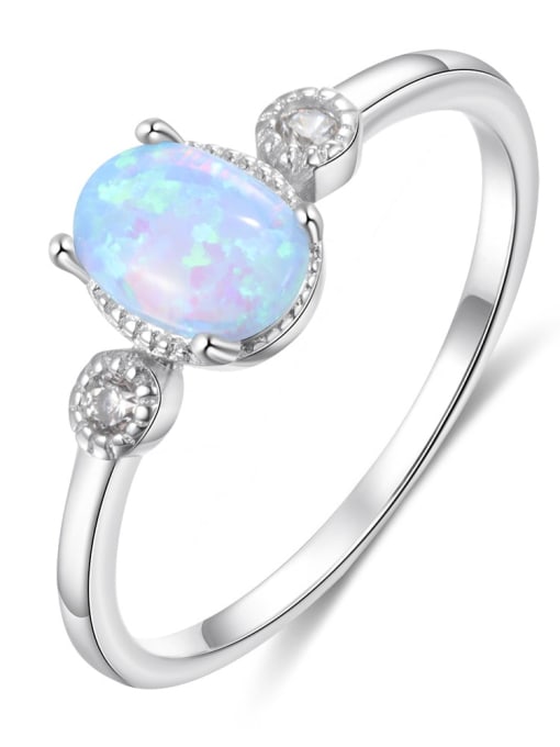 White 925 Sterling Silver Synthetic Opal Blue Minimalist Band Ring