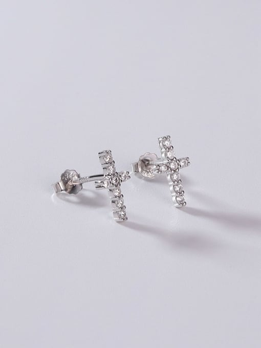 White 925 Sterling Silver Cubic Zirconia White Cross Minimalist Stud Earring