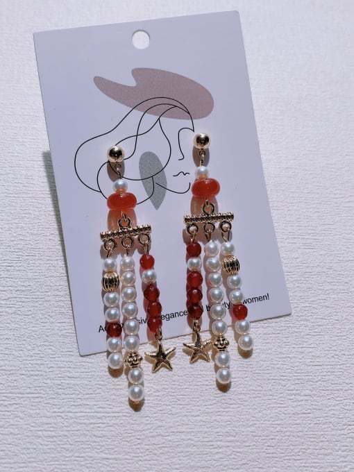Scarlet White Brass Imitation Pearl Tassel Vintage Handmade Beaded  Drop Earring 2