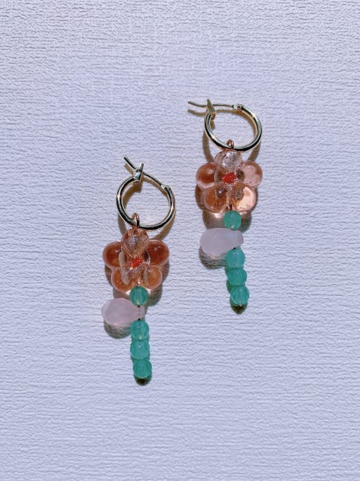 ER-054 Brass Glass Beads Flower Minimalist Handmade Huggie Earring