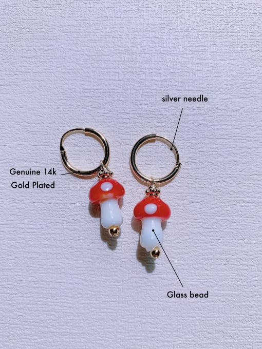 ER-087-red Brass Enamel Mushroom Minimalist Handmade Beaded  Huggie Earring