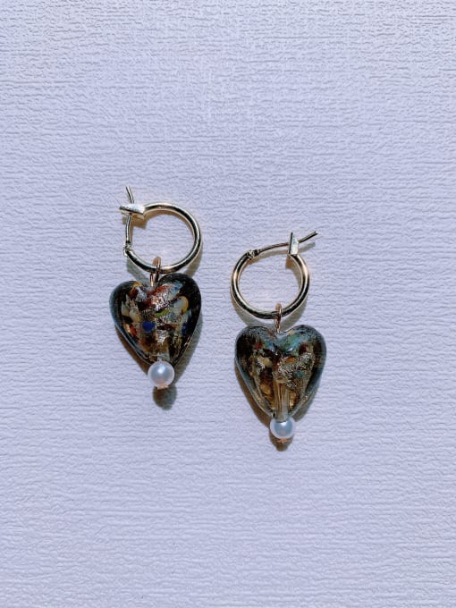ER-106 Brass Glass beads Heart Minimalist  Handmade Beaded  Huggie Earring