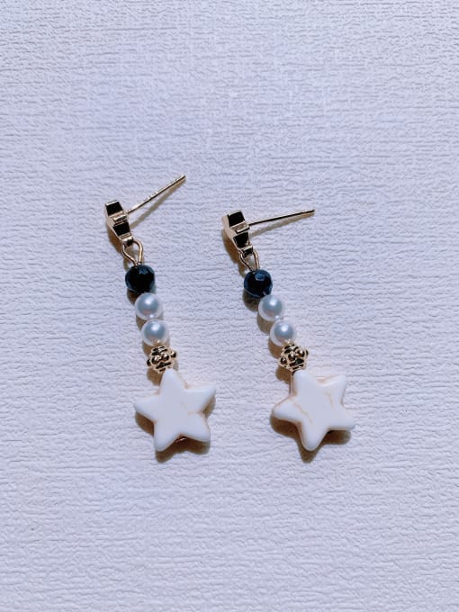 ER-088 Brass Natural Shell Beads Pentagram Minimalist Handmade Beaded  Drop Earring