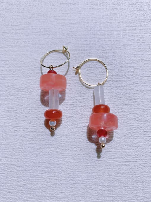 Scarlet White Brass Natural  Gemstone Geometric Minimalist Handmade Beaded  Huggie Earring