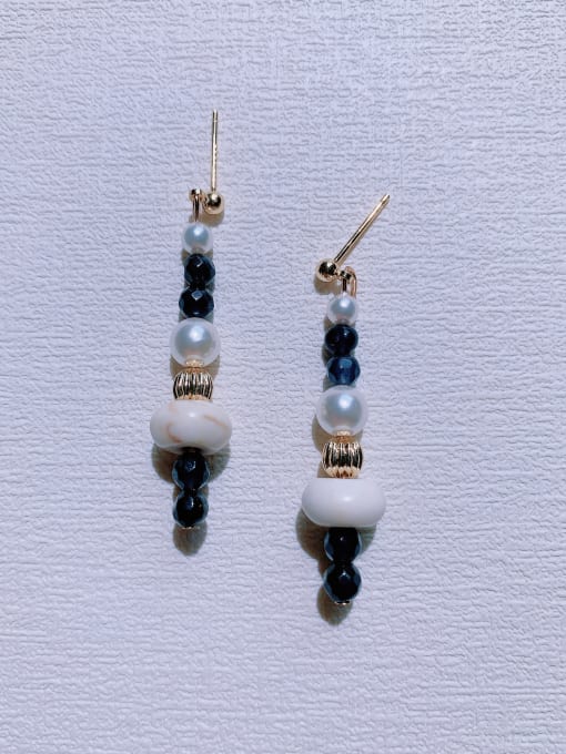 ER-090 Brass Imitation Pearl Geometric Vintage Handmade Beaded Drop Earring
