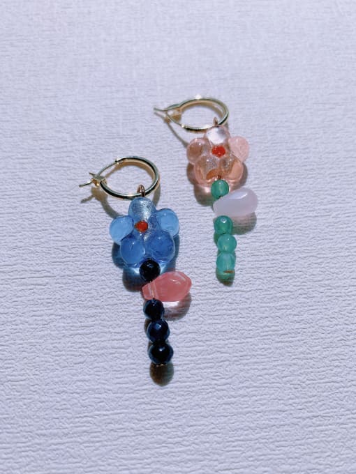 ER-056 Brass Glass Beads Flower Minimalist Handmade Huggie Earring