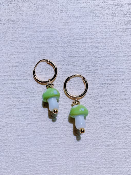 ER-087-green Brass Enamel Mushroom Minimalist Handmade Beaded  Huggie Earring