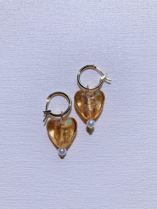 Scarlet White Brass Glass beads Heart Minimalist  Handmade Beaded  Huggie Earring 2