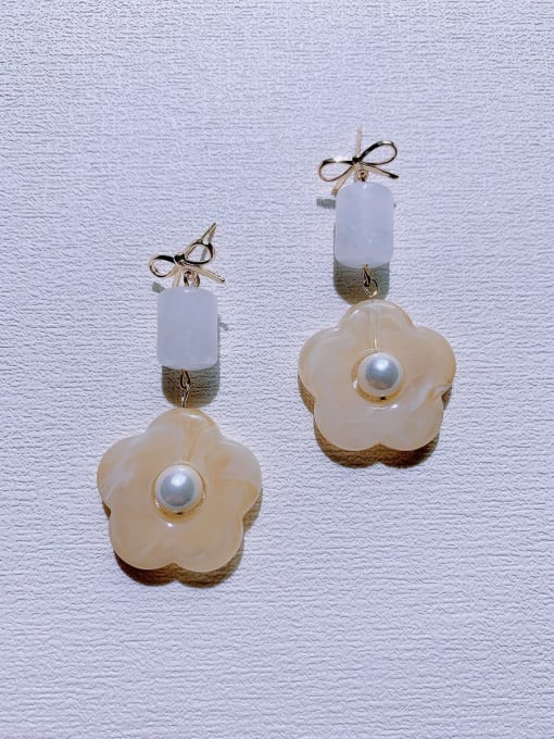 ER-069 Brass Natural  Gemstone Crystal Flower Minimalist Handmade Beaded Drop Earring