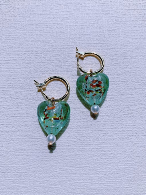 Scarlet White Brass Glass beads Heart Minimalist  Handmade Beaded  Huggie Earring