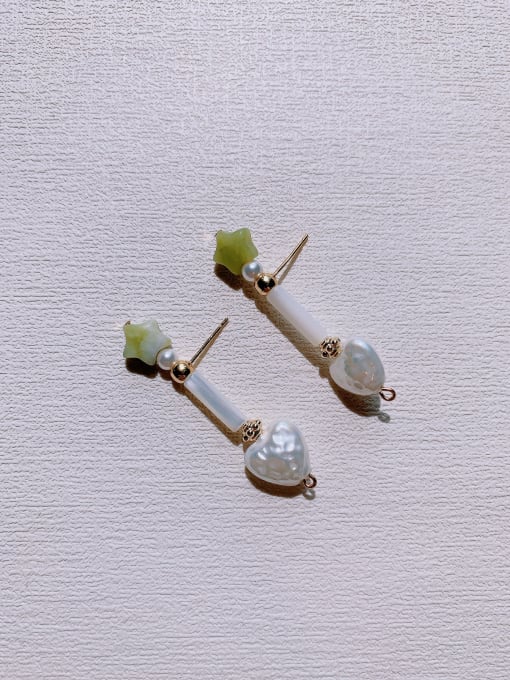green Brass Imitation Pearl Heart Vintage Handmade Beaded Drop Earring