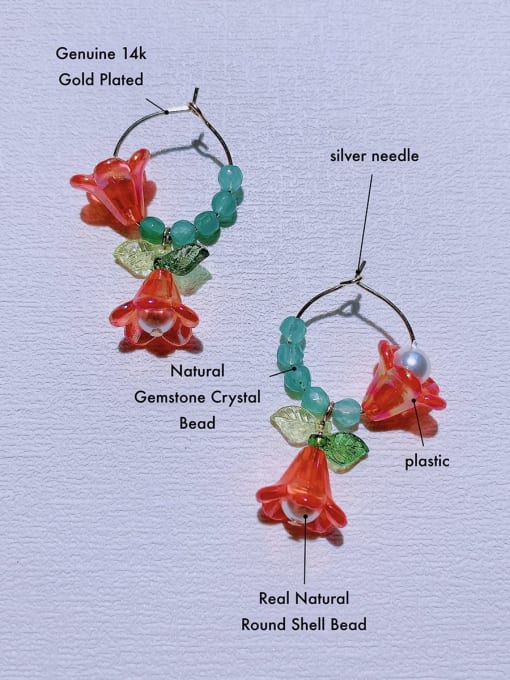 Scarlet White Brass Natural  Gemstone Crystal Flower Minimalist Handmade Beaded Drop Earring 1