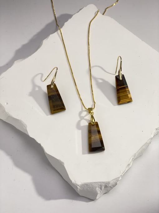 Tiger Eye Stone Set Minimalist Geometric Brass Natural Stone Multi Color Stone Earring and Necklace Set